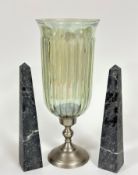 A pair of grey soapstone obelisks (32cm x base: 6cm x 6cm), a polished metal based lustre, moulded