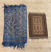 A tribal flatweave blue ground rug of geometric design 166cm x 78cm, together with another flatweave