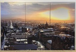 Glyn Satterley (British contemporary) Glasgow skyline at sunset, a panoramic view on three panels,