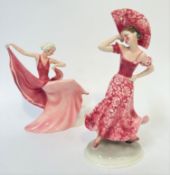 A Katzhutte Art Deco style Dancing Figure with pink and raspberry evening dress, on moulded base (