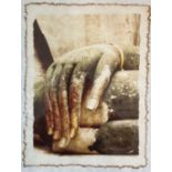 A photo lithograph on handmade paper, Bronzed Buddhist Hand, in stained glazed frame (39cm x 29cm)