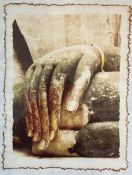 A photo lithograph on handmade paper, Bronzed Buddhist Hand, in stained glazed frame (39cm x 29cm)