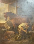 19thc Continental School, Huntsman with Horse and Hounds, unsigned, oil on canvas, losses to some