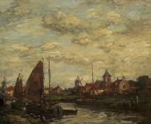Dutch School, late 19th century, Windmill by a Busy River Bank, unsigned, oil on canvas, in an