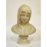 Italian School, a Carrara marble bust of the Virgin, modelled in a veil with downcast eyes, on an