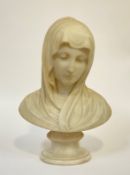 Italian School, a Carrara marble bust of the Virgin, modelled in a veil with downcast eyes, on an
