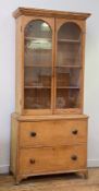 A handsome 19th century pine cabinet on chest, the projecting chip carved cornice over two arch