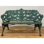 After Coalbrookdale, a green painted cast iron Fern pattern two seat garden bench, the back with