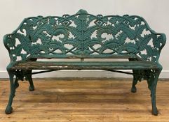 After Coalbrookdale, a green painted cast iron Fern pattern two seat garden bench, the back with