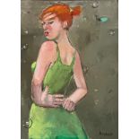 Basia Roszak (Polish/American, Contemporary), Girl in a Green Dress, signed lower right, oil on