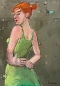 Basia Roszak (Polish/American, Contemporary), Girl in a Green Dress, signed lower right, oil on