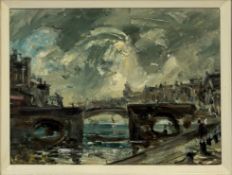 French School, 20th Century, An Embankment, unsigned, oil on board, framed. 21.5cm by 29cm