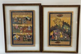 Two framed Indo-Persian leaves from manuscripts, probably 19th century: the first with six scenes of