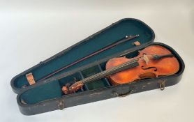 A German violin, probably c. 1900, the two piece back impressed "Stainer", and with printed paper
