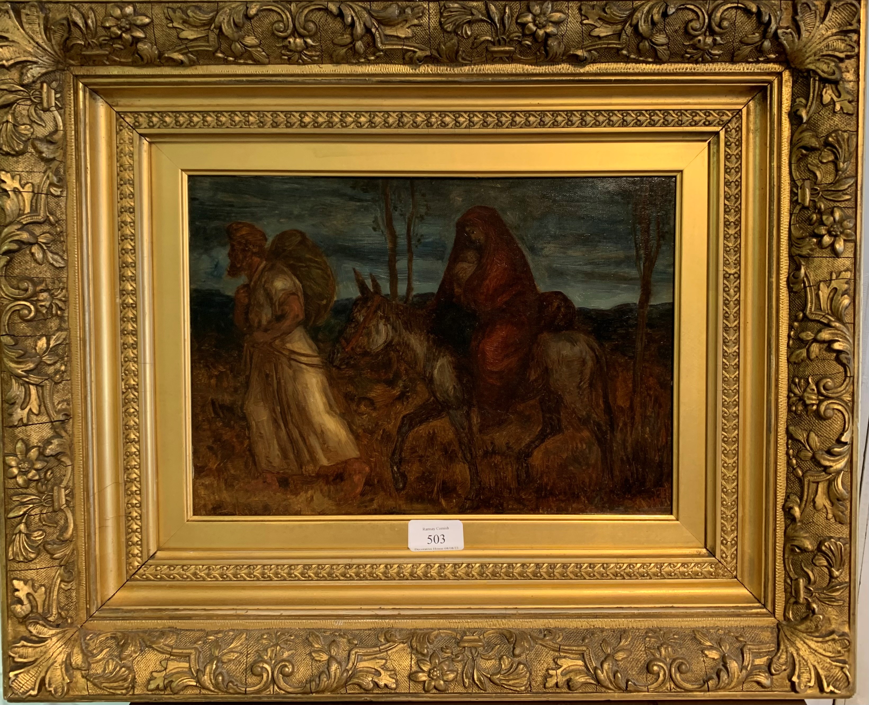 James Elder Christie (Scottish, 1847-1914), The Flight into Egypt, signed lower right, oil on board, - Image 2 of 2