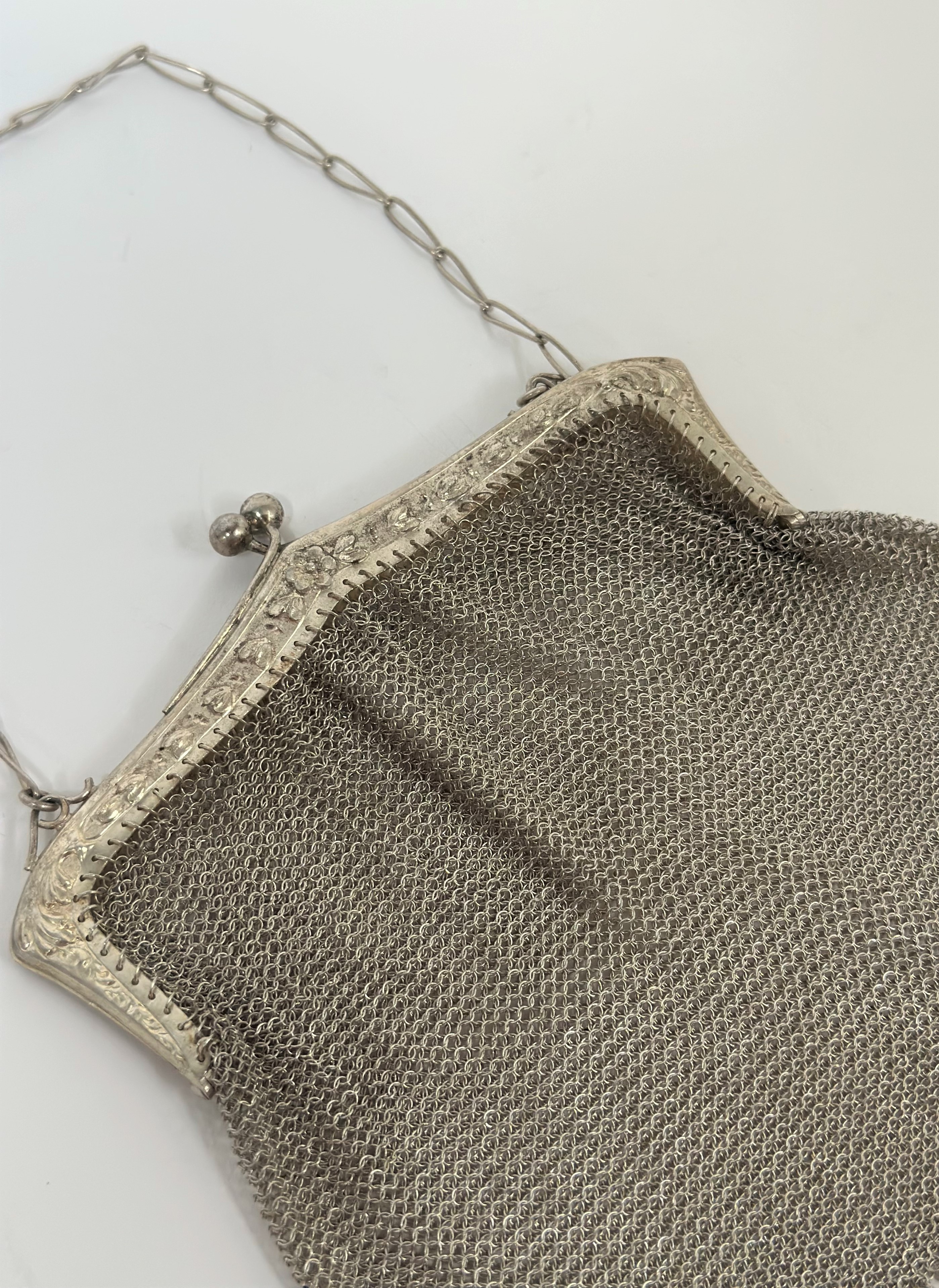 A Portuguese 833 standard silver mesh evening bag, second quarter of the 20th century, the pierced - Image 2 of 3