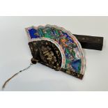 A 19th century Chinese painted paper and ivory-applique lacquer fan, the paper leaves decorated with