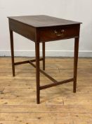 A George III mahogany side table, the plain rectangular top over drawer to one end (formerly