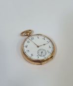 A French gold open face keyless wind pocket watch, c. 1900, the white enamel dial with Arabic