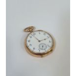 A French gold open face keyless wind pocket watch, c. 1900, the white enamel dial with Arabic