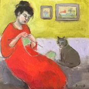 Basia Roszak (Polish/American, Contemporary), Girl with a Cat, signed lower right, oil on canvas,