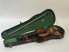 A 19th century violin, possibly Scottish, with two piece back, mother-of-pearl inlaid tailpiece,