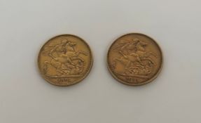 Two Victoria full sovereigns, 1873 and 1879, obv. young head, rev. St. George and the Dragon. (2)