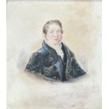 English School, early 19th century, portrait miniature of a young man in a blue coat, watercolour on