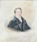 English School, early 19th century, portrait miniature of a young man in a blue coat, watercolour on