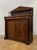 A William IV rosewood chiffonier, the raised back with open shelf supported by ring turned