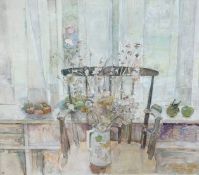 •Ellen Malcolm R.S.A. (Scottish, 1923-2002), Still Life with Flowers and a Windsor Chair, signed
