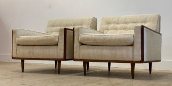 A pair of Danish 1960's lounge chairs, upholstered in ivory white chenille type button back