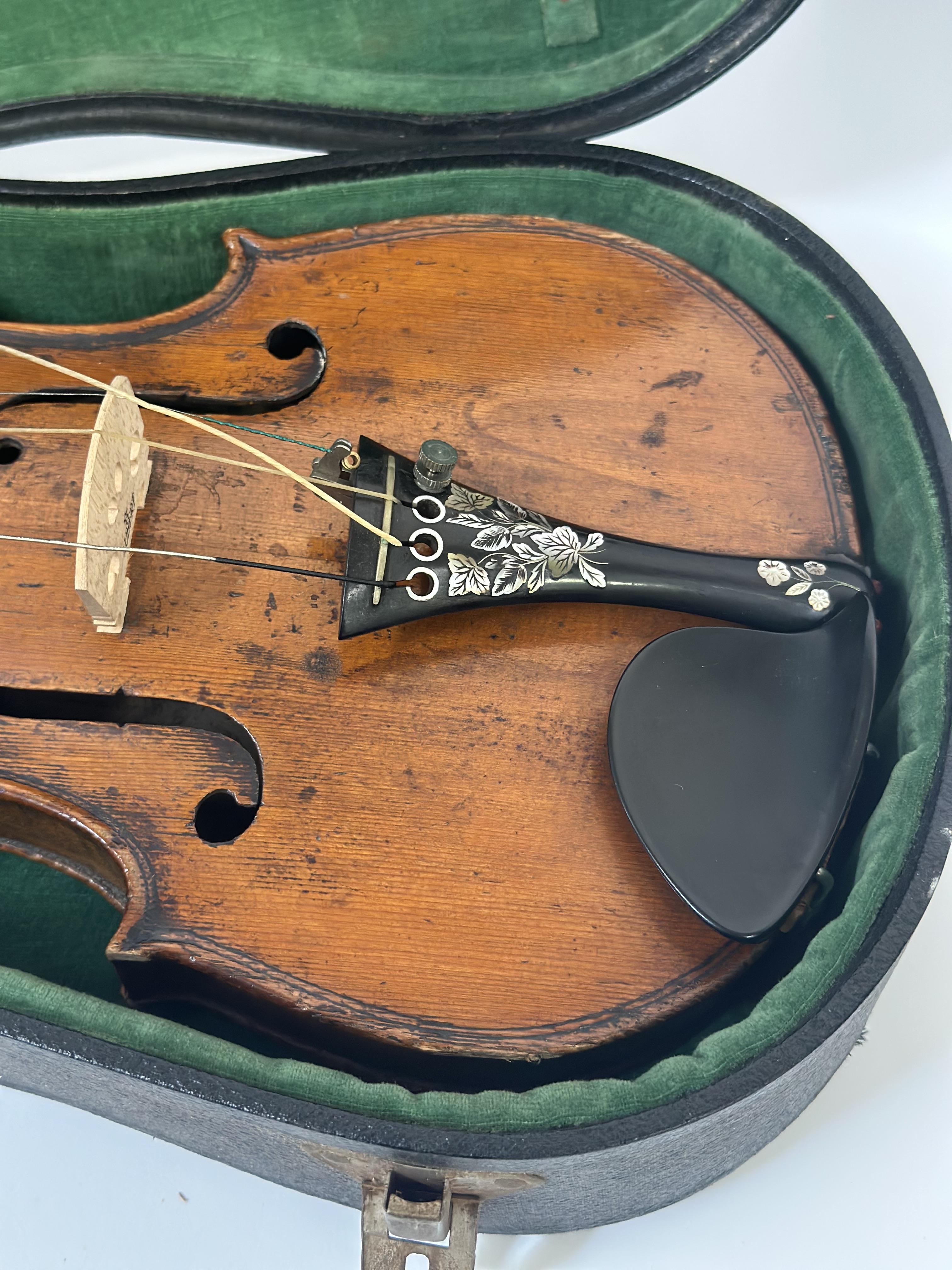 A 19th century violin, possibly Scottish, with two piece back, mother-of-pearl inlaid tailpiece, - Image 2 of 5