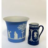 A large light blue and white Dudson Jasperware plant pot decorated with classic scene ( h- 27cm w-