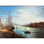 G. Lewis, Continental Harbour Scene, oil on panel, signed bottom right, in gilt composition frame (