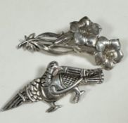 An Ian McCormack Iona silver Dove brooch stamped verso, IMC Iona Sterling, c.1950 (5.2cm) and an 800