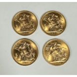 Four uncirculated Queen Elizabeth II gold sovereigns, 1964 and three for 1967