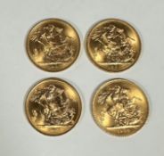 Four uncirculated Queen Elizabeth II gold sovereigns, 1964 and three for 1967