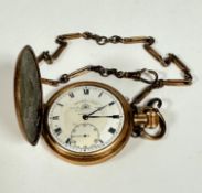 A gilt metal full Hunter pocket watch by Thomas Russell & Son, Liverpool, with enamelled dial and