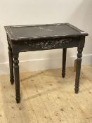 A vintage hardwood console table, finished in distressed blue paint, with acanthus carved frieze,