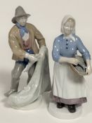 A pair of Carl Scheidig German porcelain figures, Fisherman and Fisherwoman, both dressed in