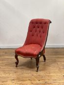 An early Victorian rosewood slipper chair, the acathus carved and moulded show frame enclosing