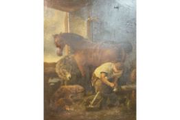19thc Continental School, The Farrier, oil on canvas, unsigned, losses to paint, small hole to