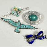 A copper enamelled Gull style turquoise blue ground brooch (6.5cm), a white metal blue enamelled