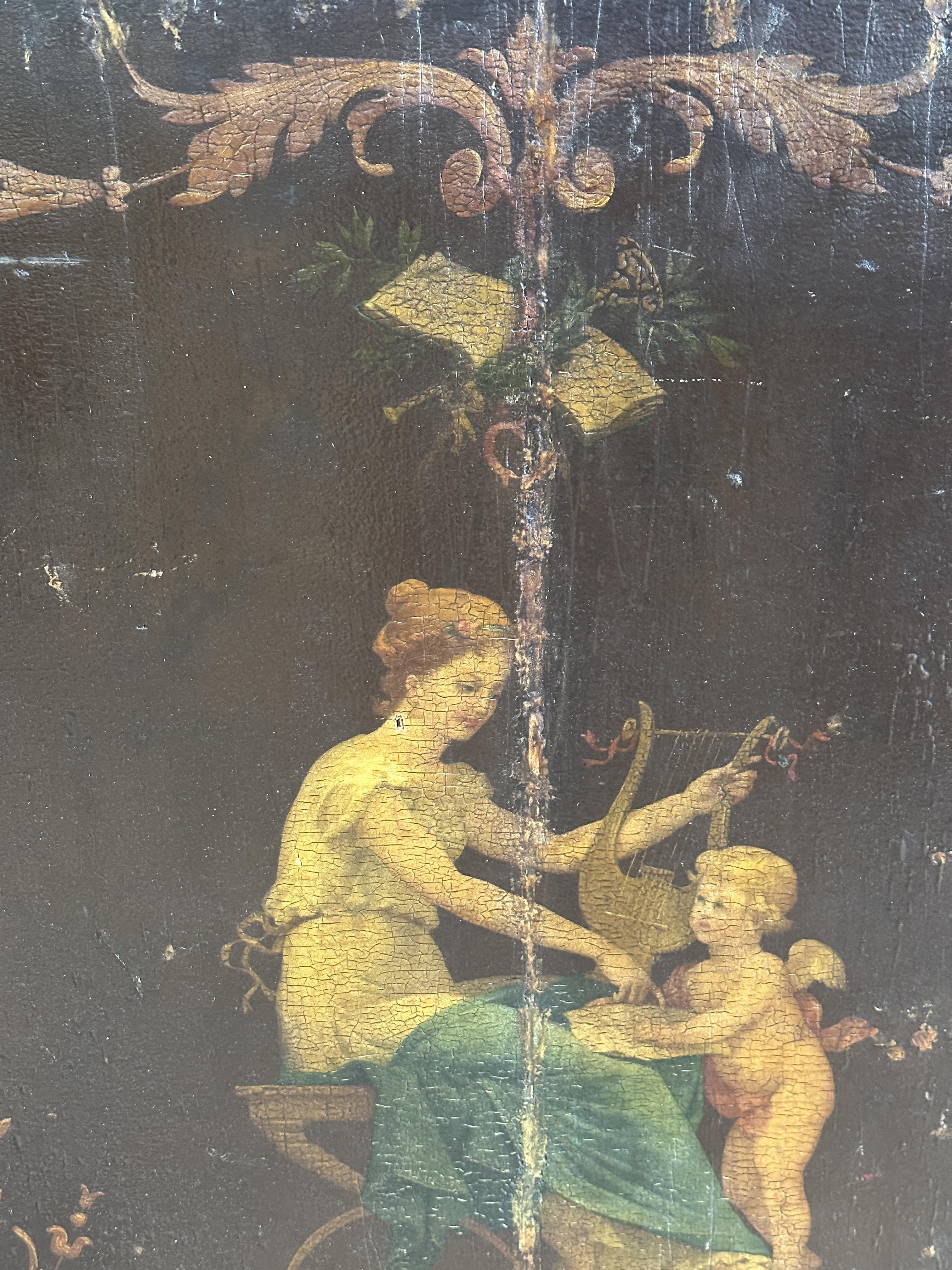 A pair of Edwardian pine shaped panels with handpainted figures, Seated Maiden with Cherub, enclosed - Image 2 of 2