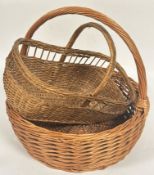 A large wicker circular loop handle vegetable basket (including handle: 43cm x d.38cm) and a vintage