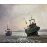 Don Micklethwaite (British: b.1936), Beached Fishing Boats, oil on canvas board, signed bottom