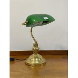 A gilt lacquered brass bankers type light with green glass shade H40cm