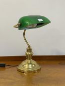 A gilt lacquered brass bankers type light with green glass shade H40cm