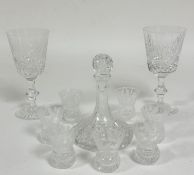 A crystal miniature ship's style decanter, a set of seven Edinburgh Crystal thistle engraved and
